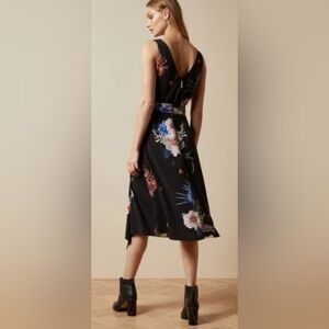 NWT Ted Baker Floral Asymmetrical hem Black Midi Dress.  Retail $315!